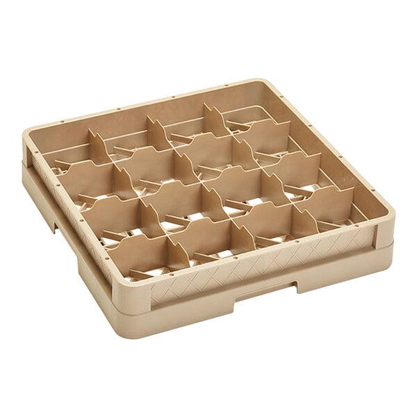 A beige Vollrath Traex glass rack with 16 compartments.