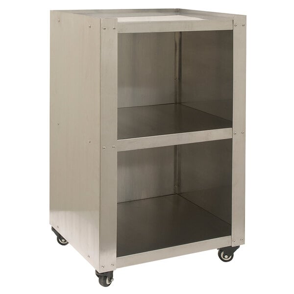 A metal pedestal base with two shelves on wheels.