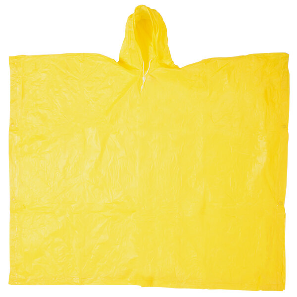 A yellow plastic poncho with a hood.