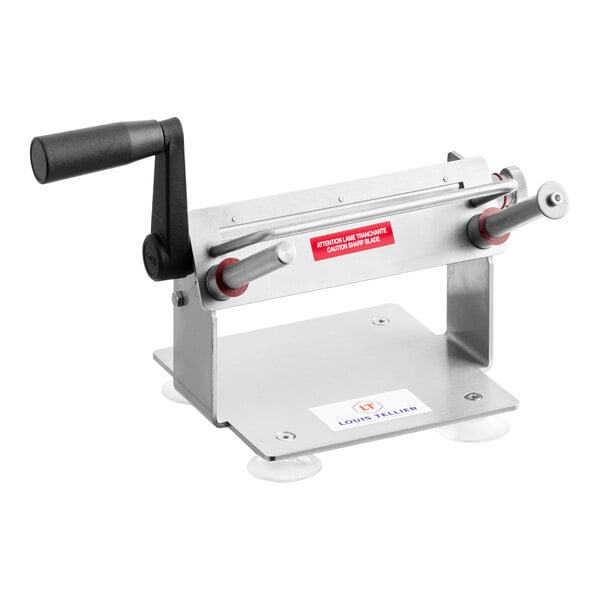 A stainless steel vegetable lasagna slicer with a hand crank and sturdy base.