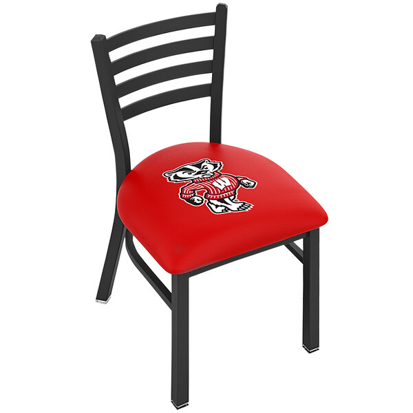 A black steel chair with a padded red seat and University of Wisconsin logo on the seat.