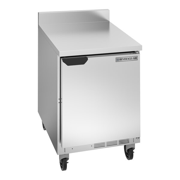 A stainless steel Beverage-Air worktop refrigerator on wheels.