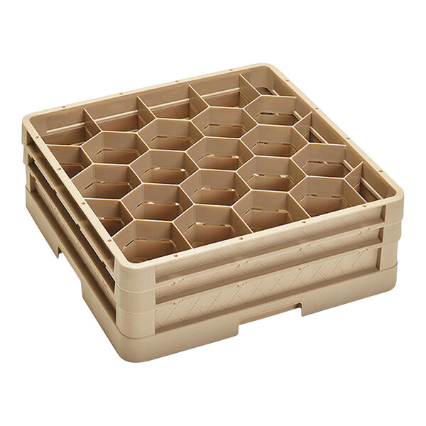 A beige Vollrath Traex plastic rack with six compartments for glasses.