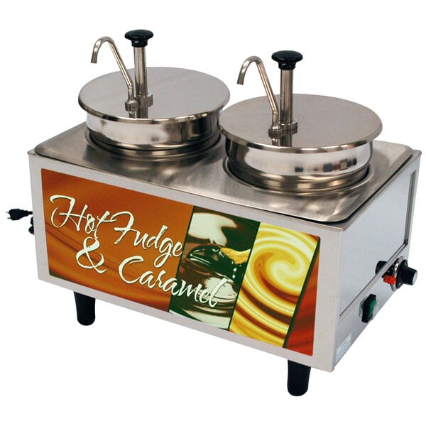 A Benchmark USA Dual hot fudge and caramel warmer with two pumps.