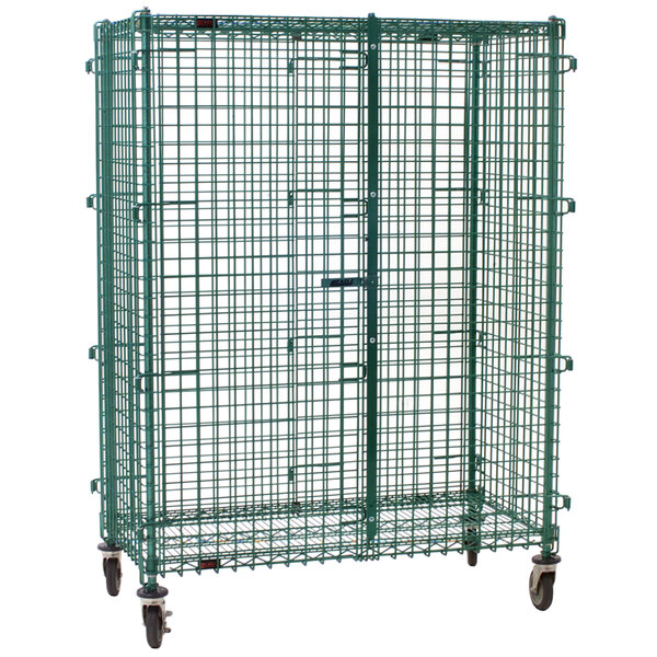 A green Eagle Group wire security cage on wheels.