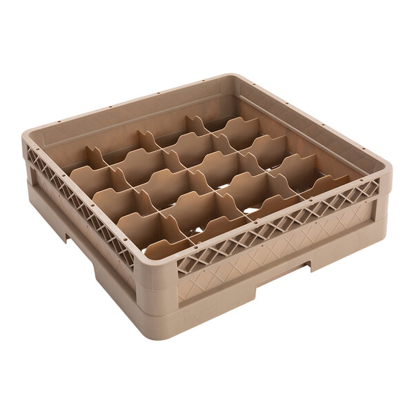 A beige plastic Vollrath cup rack with many compartments.
