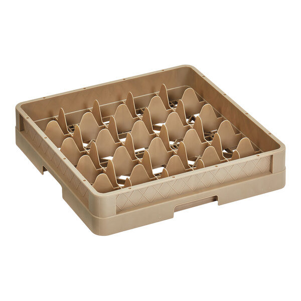 A beige Vollrath Traex glass rack with a grid of many empty compartments.