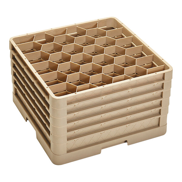 A beige Vollrath plastic rack with wall and extenders for 11 inch glasses.