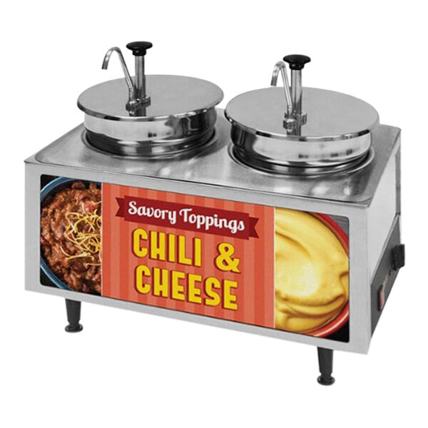 A Benchmark USA dual chili and cheese warmer with two pumps over filled bowls.