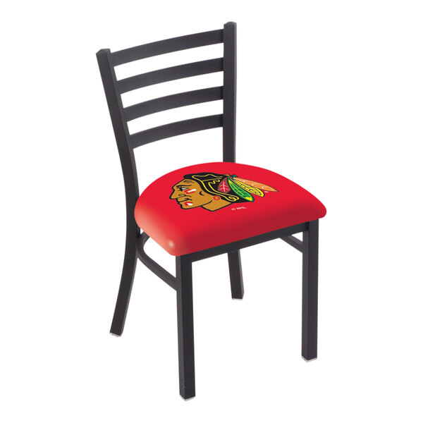 A black steel Holland Bar Stool chair with Chicago Blackhawks logo on the red padded seat.