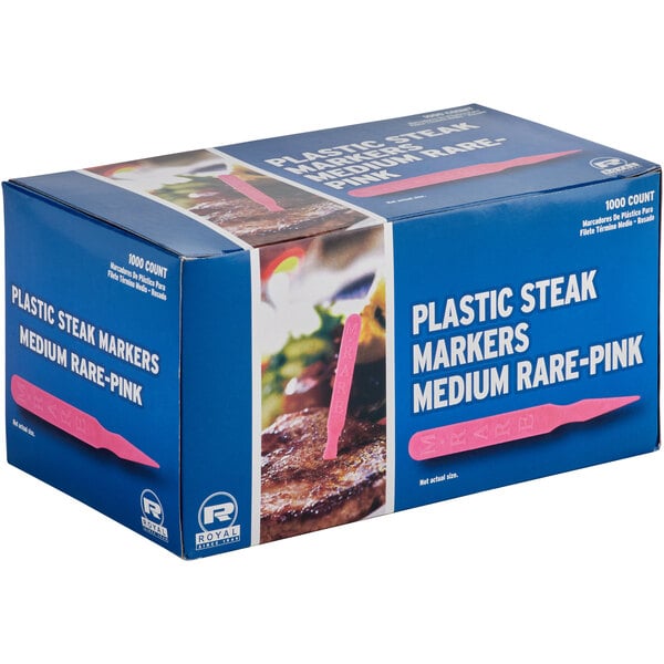 A blue Royal Paper box of pink plastic steak markers.