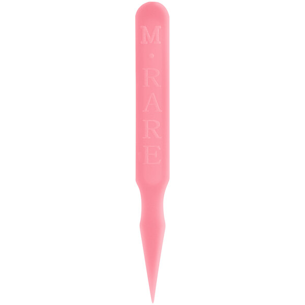 A pink plastic Royal Paper steak marker with the word "rare" in black.