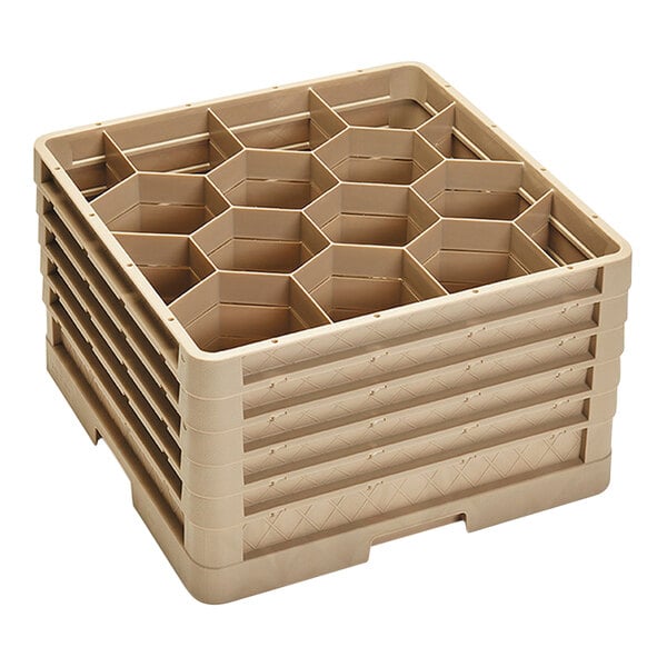 A beige Vollrath Traex glass rack with closed walls and 12 compartments.