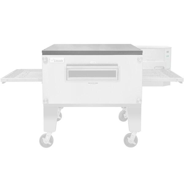 A large rectangular white Lincoln conveyor oven panel with wheels.