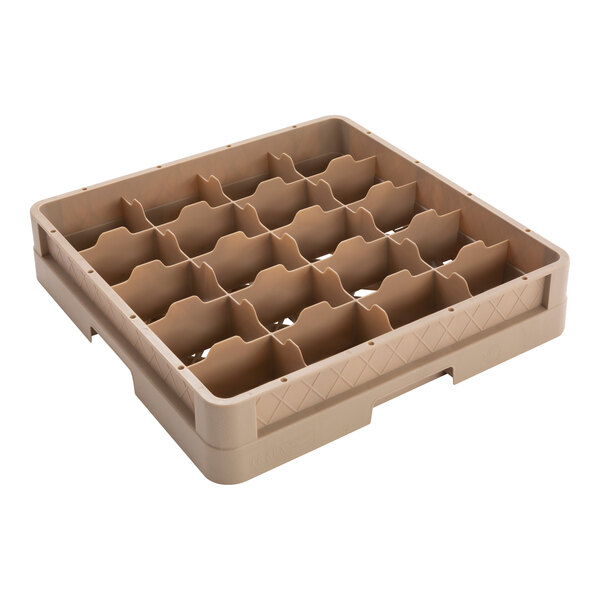 A beige full-size plastic cup rack with 20 compartments and closed walls.