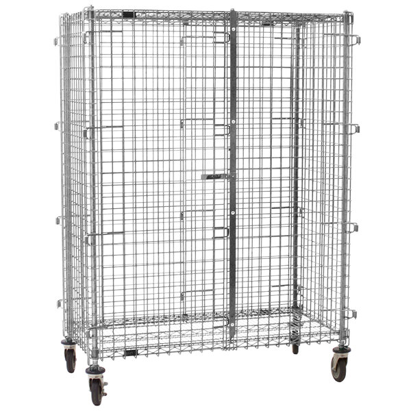 An Eagle Group chrome wire security cage with wheels.