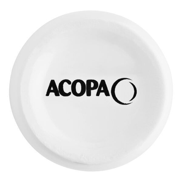 A white Acopa porcelain ramekin with black text on it.