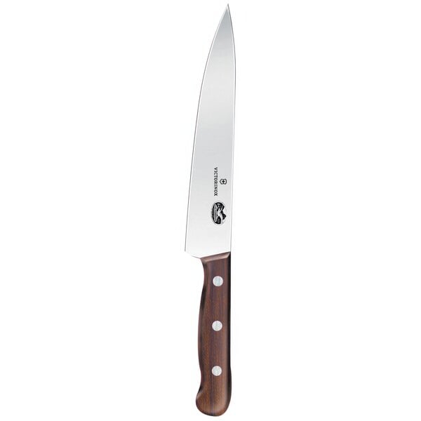 A Victorinox chef knife with a wooden handle.