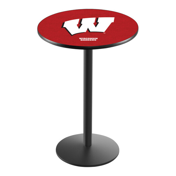 A round counter height pub table with a red top featuring the University of Wisconsin logo and a black pedestal base.