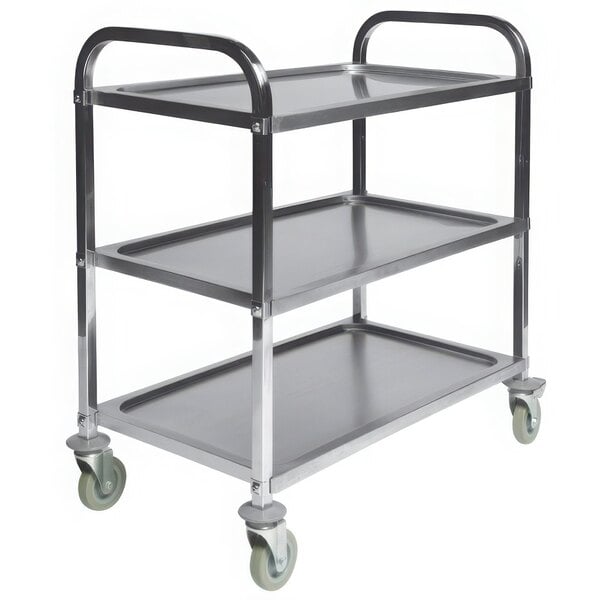 A CSL stainless steel service cart with three shelves and wheels.