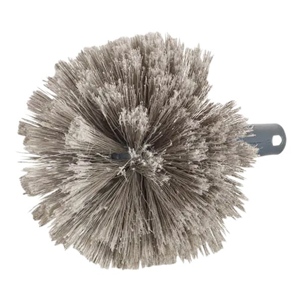 A round cobweb duster brush with dense, gray bristles and a short handle.