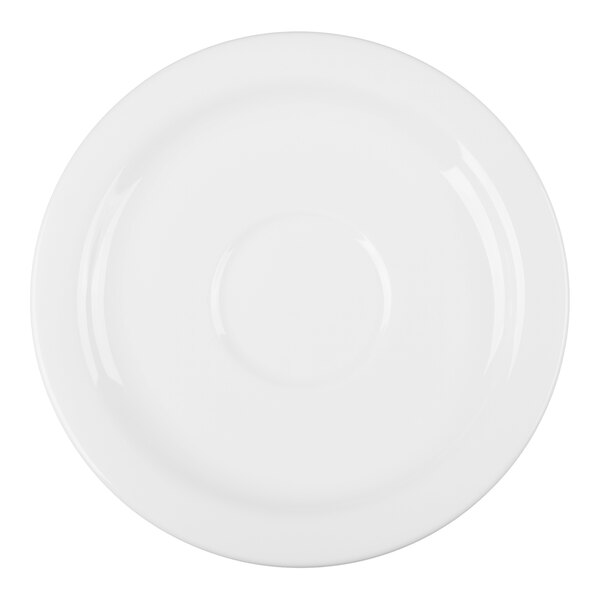 A plain white round saucer with a slightly raised center area.