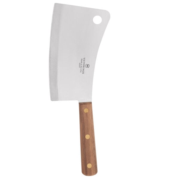 A Victorinox curved cleaver with a wooden handle.