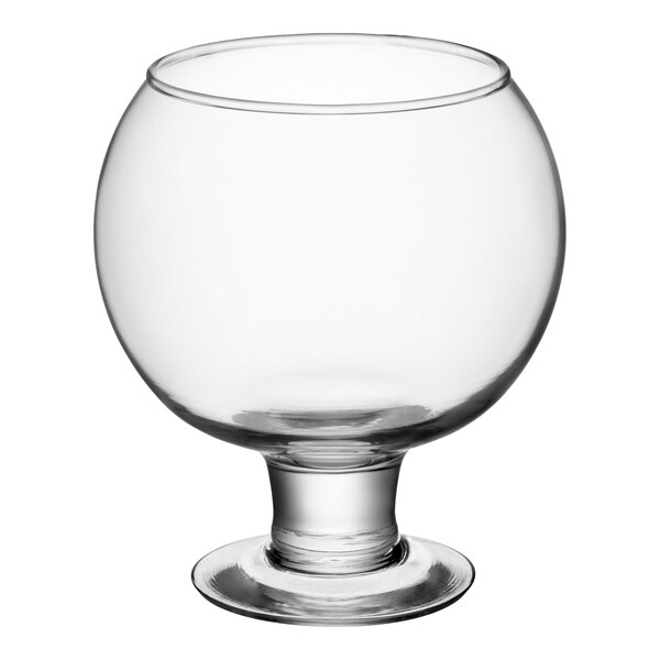 A large, round, clear glass bowl with a short stem and wide base.