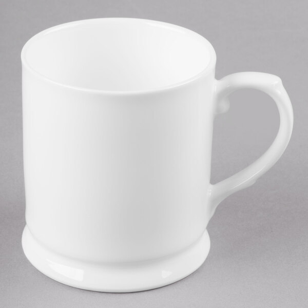 A white Reserve by Libbey bone china coffee mug with a handle.