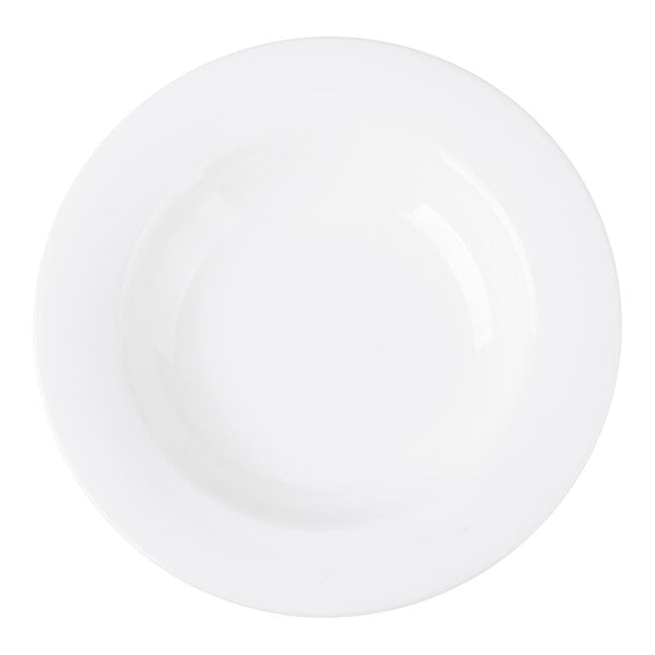 A round, plain white bowl with a wide rim, viewed from above.