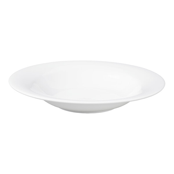 A plain, round, white shallow bowl with a wide rim, photographed against a white background.