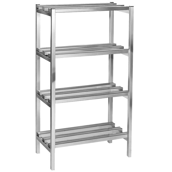 A silver metal Channel dunnage shelving unit with four shelves.