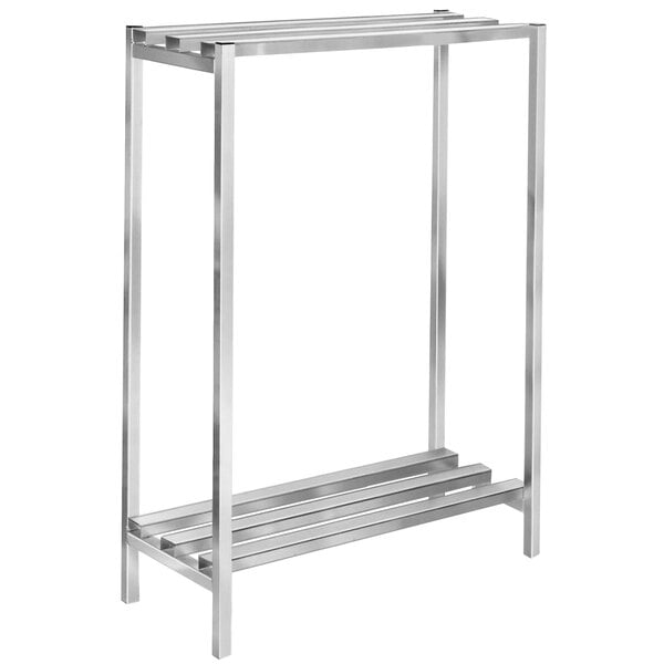 A Channel aluminum dunnage shelving unit with two shelves and four legs.