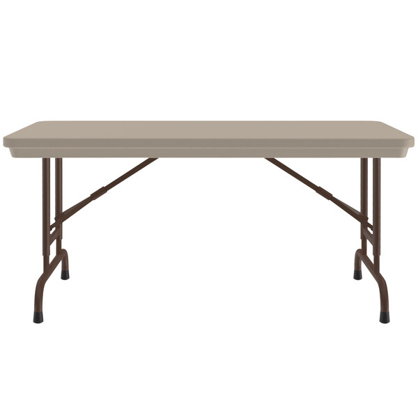 A rectangular Correll mocha granite folding table with brown legs.