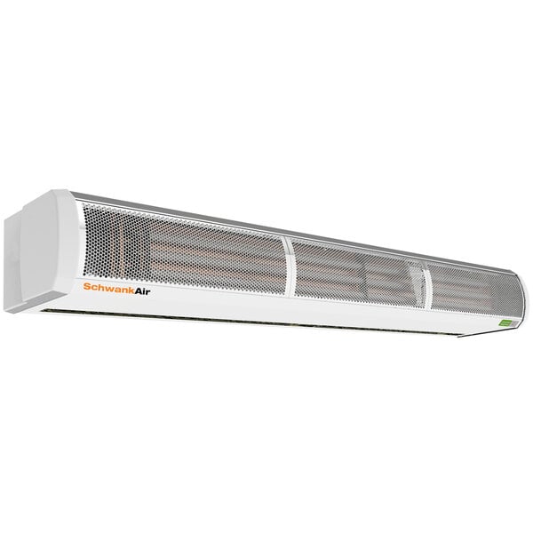 A white rectangular Schwank air curtain with orange rectangular panels and a fan inside.