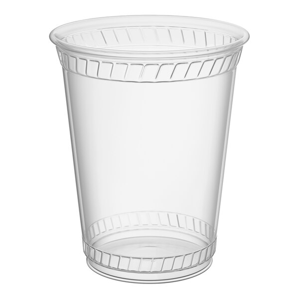 A clear 12 oz. compostable plastic cold cup.
