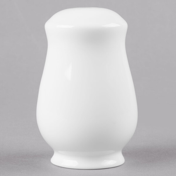 A white bone china salt shaker.