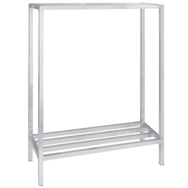 A silver metal Channel aluminum dunnage shelving unit with two shelves.