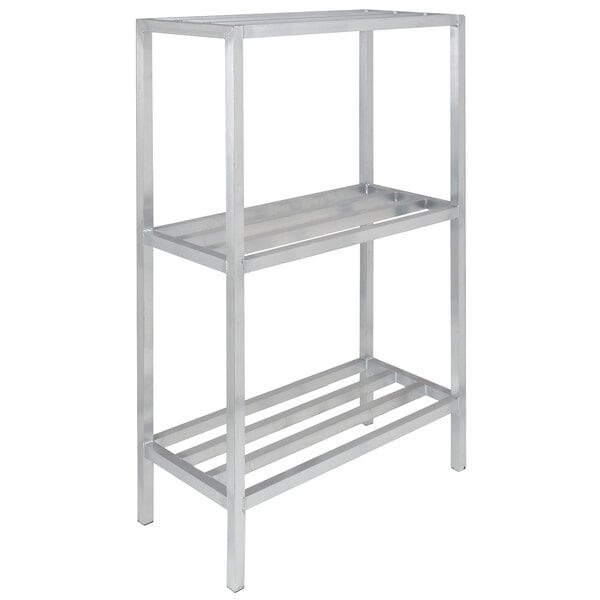 A silver metal shelf with three shelves.