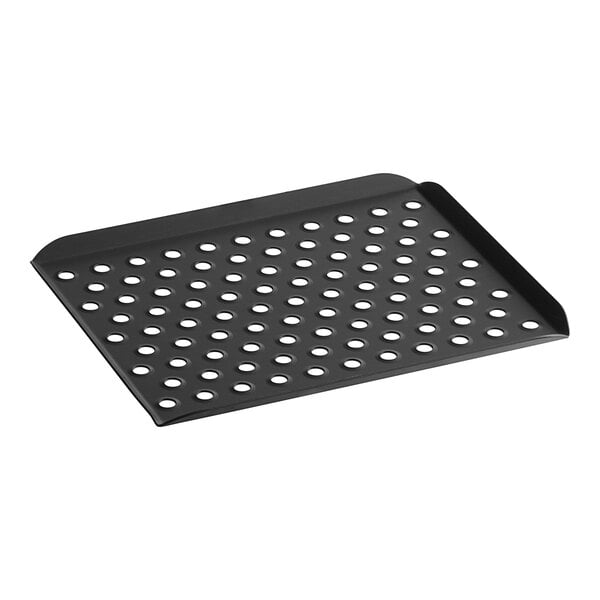 A black non-stick perforated baking tray for a TurboChef oven.