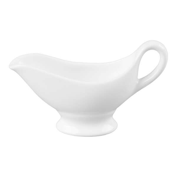 A white ceramic sauce boat with a handle and a spout, shown in full view.