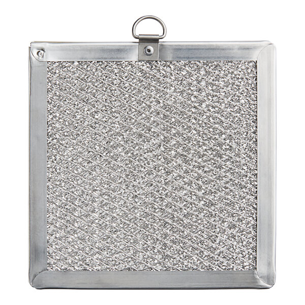 A silver metal mesh air filter in a metal frame.