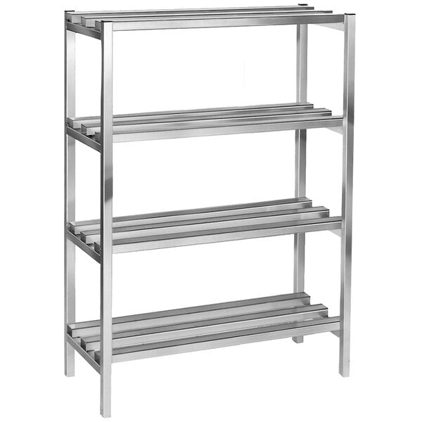 An aluminum dunnage shelving unit with four shelves.