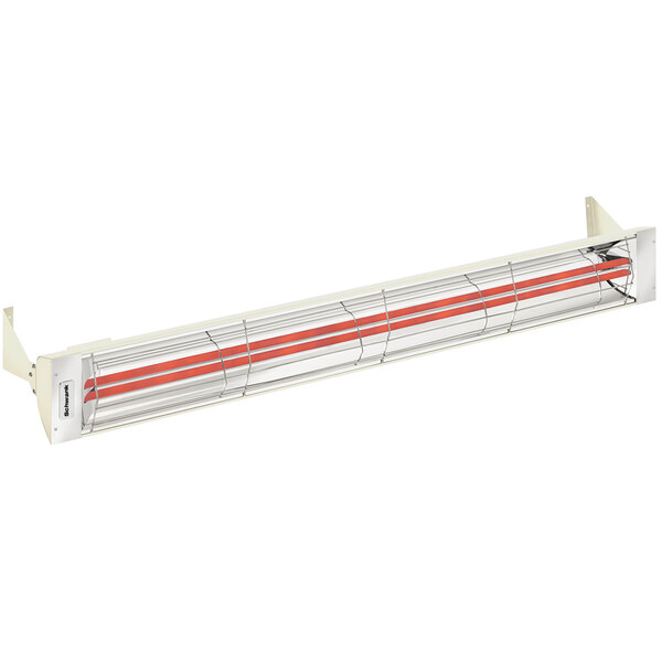 A white and red Schwank 2 stage electric patio heater with a red light.