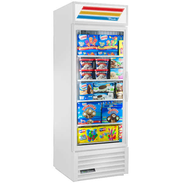 A white True glass door merchandiser freezer filled with ice cream.