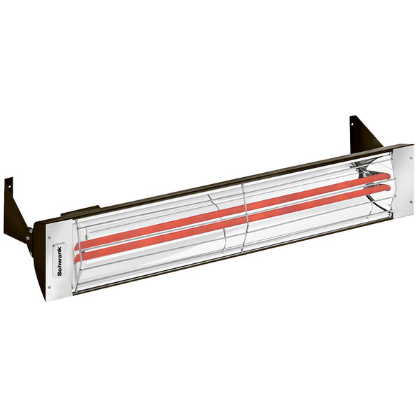 A red and bronze Schwank 2 stage indoor/outdoor patio heater with red lights.