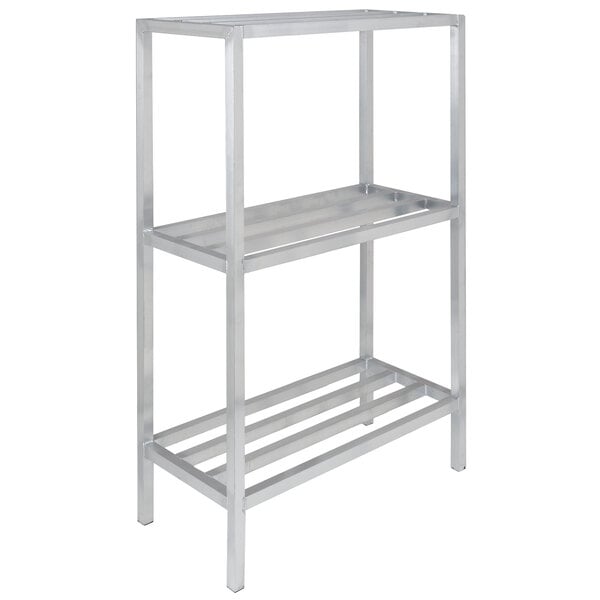 A silver metal Channel Dunnage Shelving unit with three shelves.