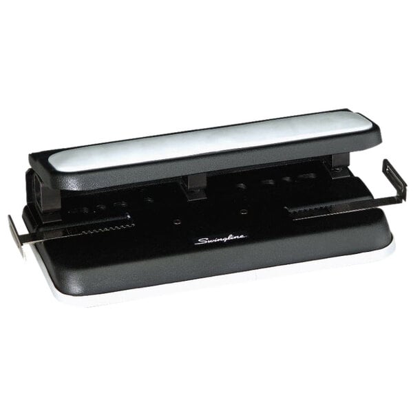 A black and gray Swingline 2-to-7 hole punch with white accents.