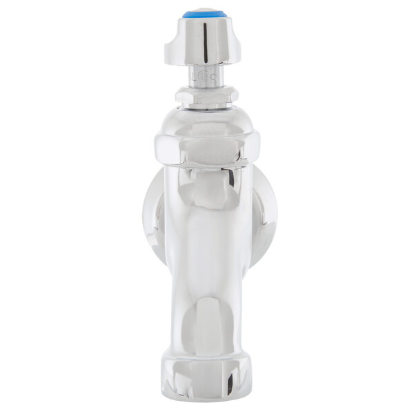 A chrome T&S mop sink faucet with blue lever handle and blue index.