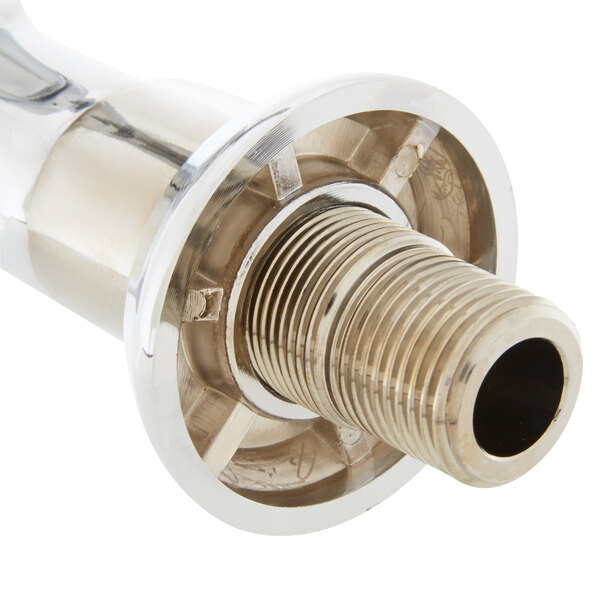 A T&S chrome plated single sink faucet with a silver lever handle and blue index.